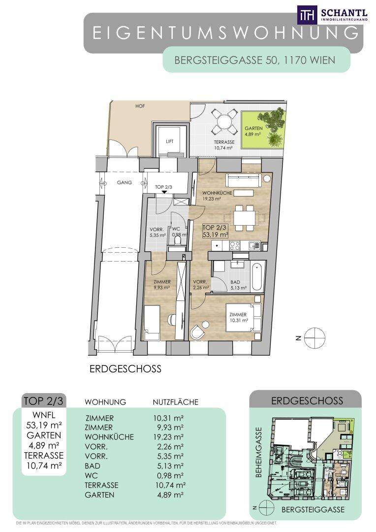 Grundriss des Erdgeschosses mit Wohnküche, Zimmern, Terrasse und Garten.