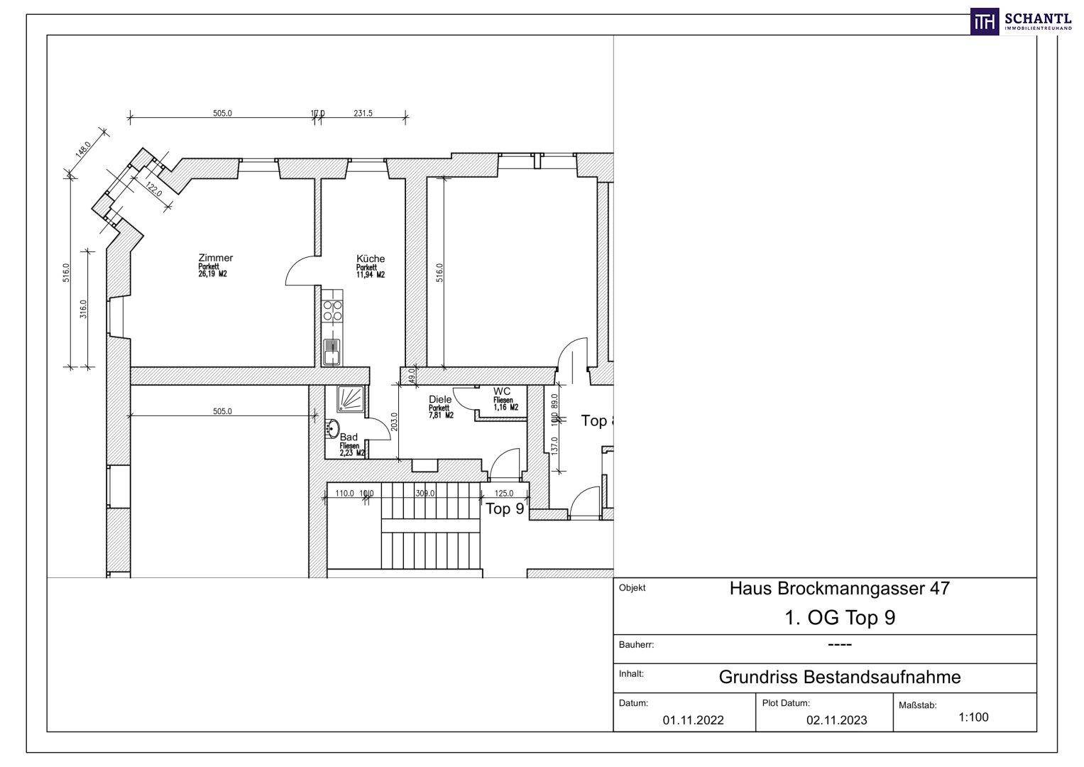 Grundrissplan einer Wohnung im ersten Obergeschoss mit separater Küche, Bad und WC.