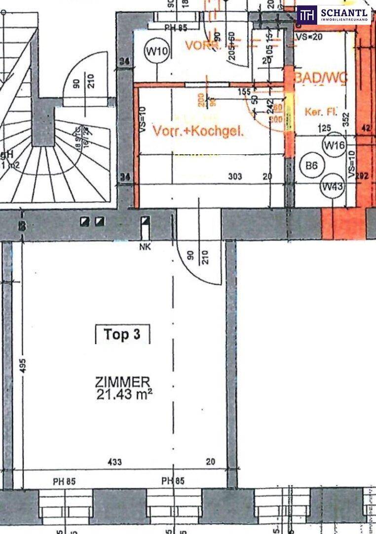 Grundriss zeigt einen Teil der Wohnung Top 3 mit Zimmer und Bad/WC.