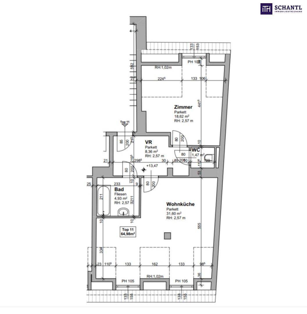 Detaillierter Grundriss einer Wohnung mit Wohnküche, Bad, WC und einem weiteren Zimmer.