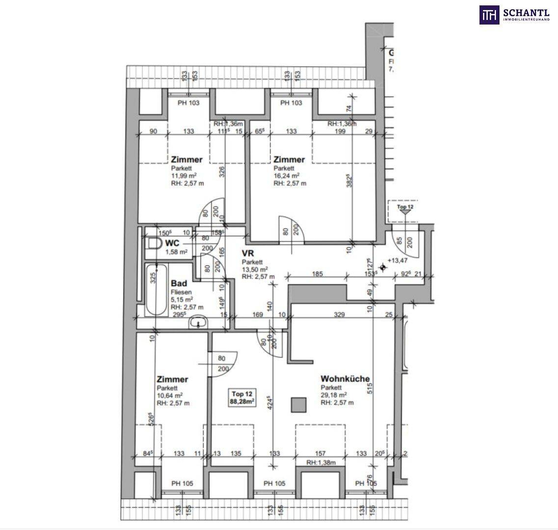 Grundriss der Wohnung mit drei Zimmern, Bad, WC und Wohnküche auf 88,28 m².