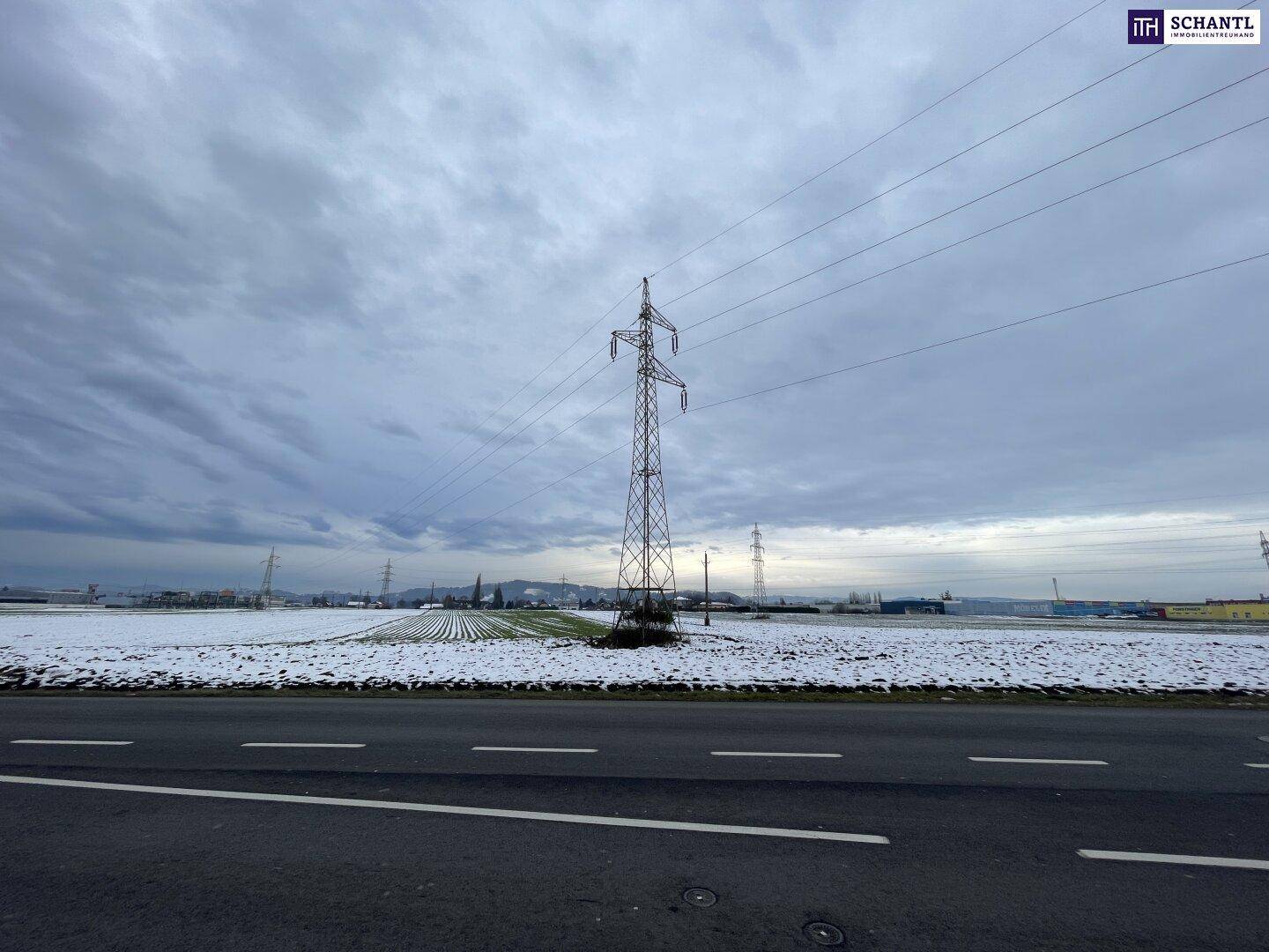 Blick von einer Straße auf schneebedeckte Felder mit einem hohen Strommast und bewölktem Himmel in der Winterlandschaft.