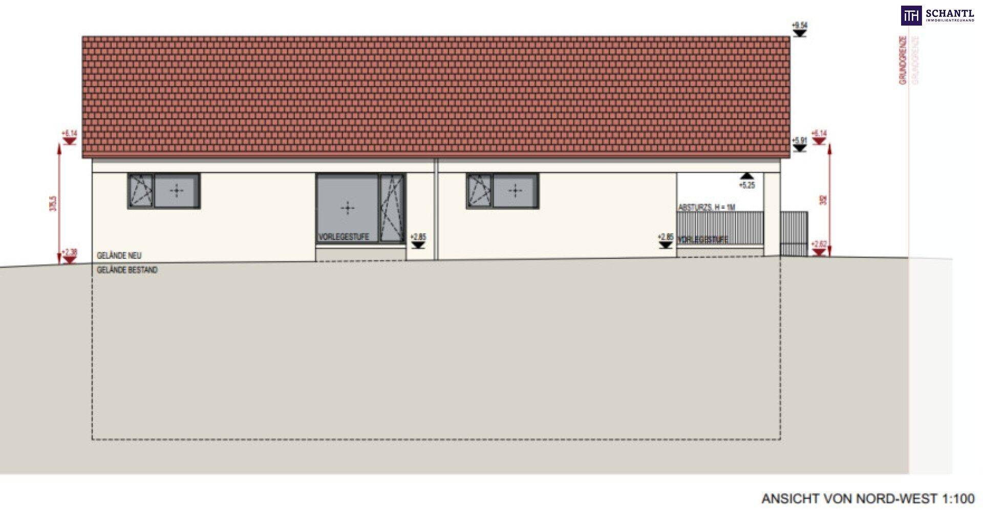 Architektonische Nord-West-Ansicht des Gebäudes mit Dach und Fenstern, Maßstab 1:100.