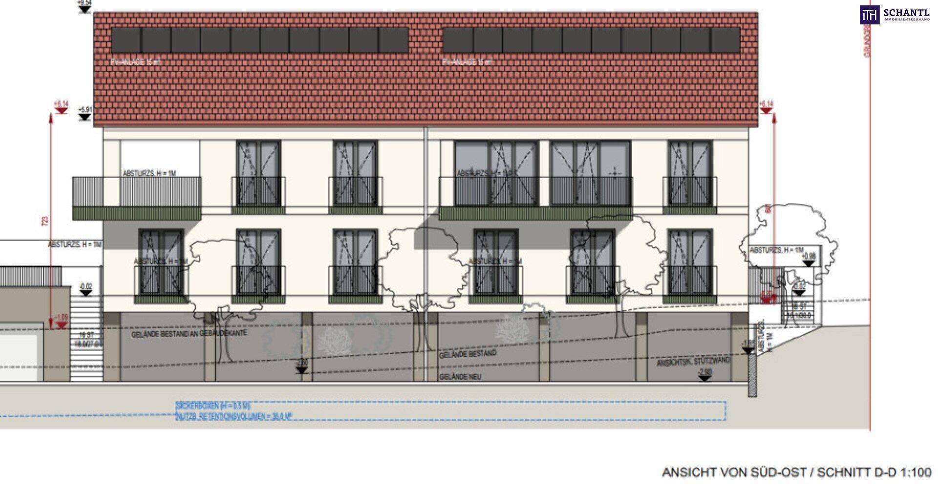 Architektonische Süd-Ost-Ansicht des Gebäudes mit Balkonen, Fenstern und Solaranlagen auf dem Dach.