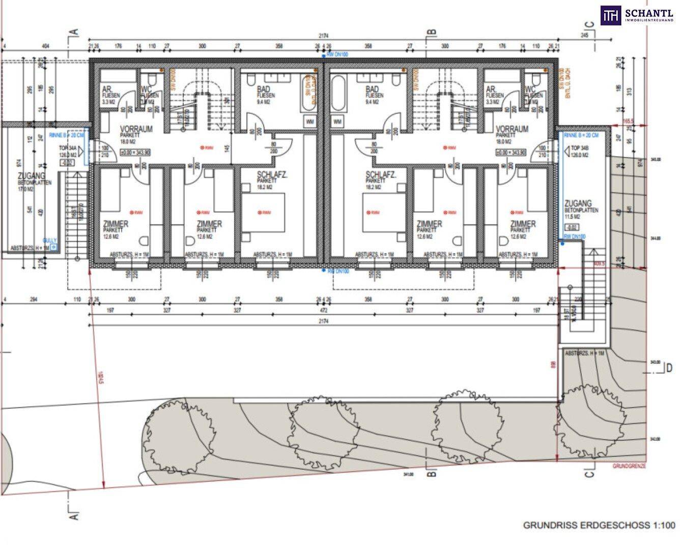 Grundriss des Erdgeschosses mit Schlafzimmern, Bädern und Vorräumen, Maßstab 1:100.