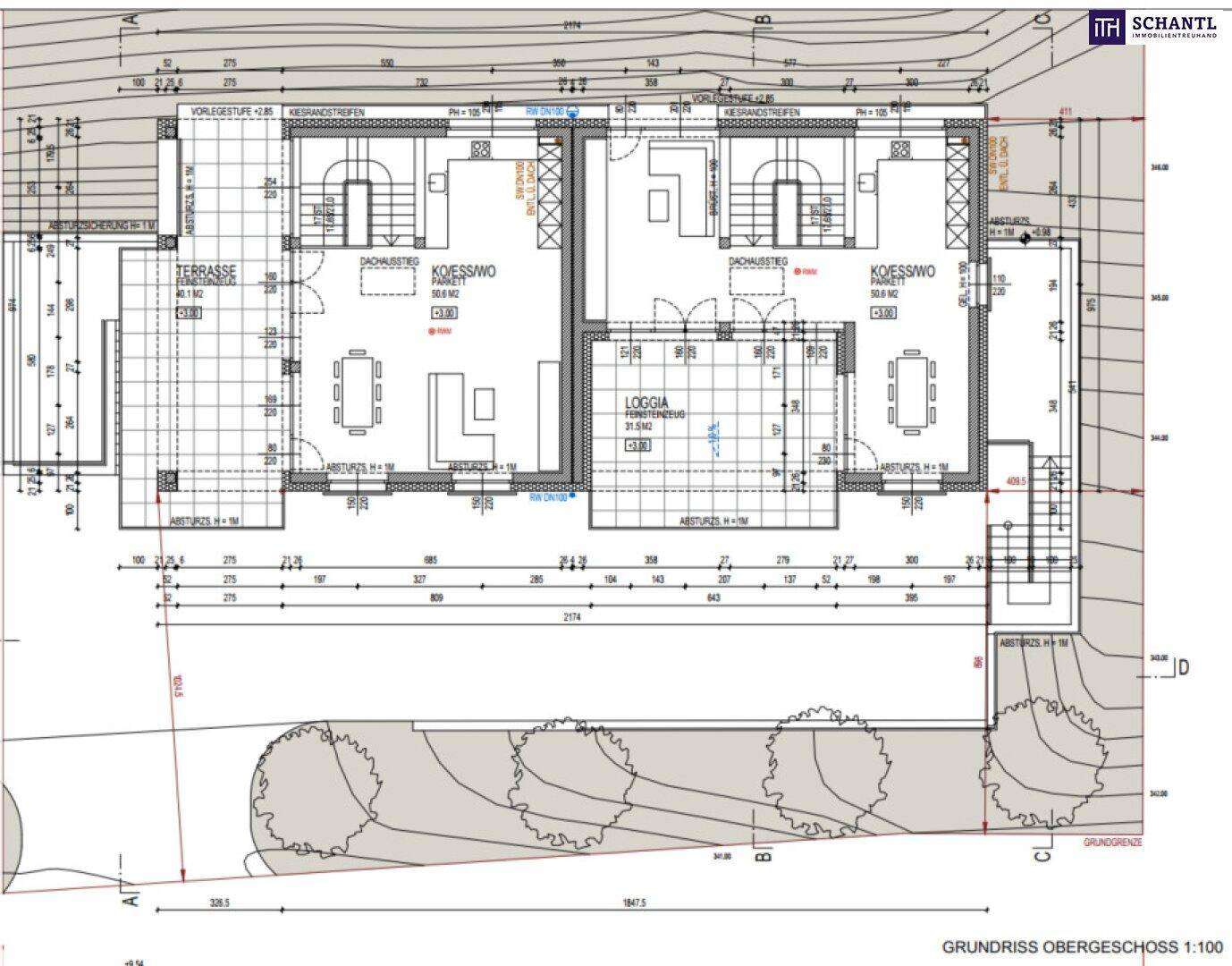 Grundriss des Obergeschosses mit Wohn-Essbereichen, Terrassen und Loggien, Maßstab 1:100.