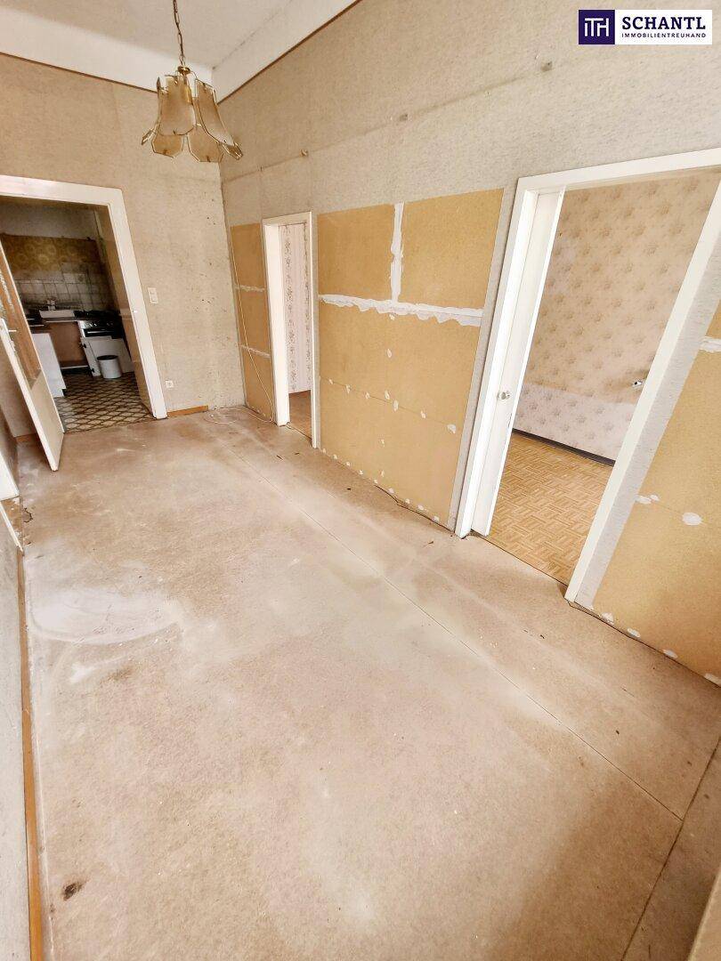 Renovierungsbedürftiger Flur mit mehreren Türöffnungen und Blick in angrenzende Räume.