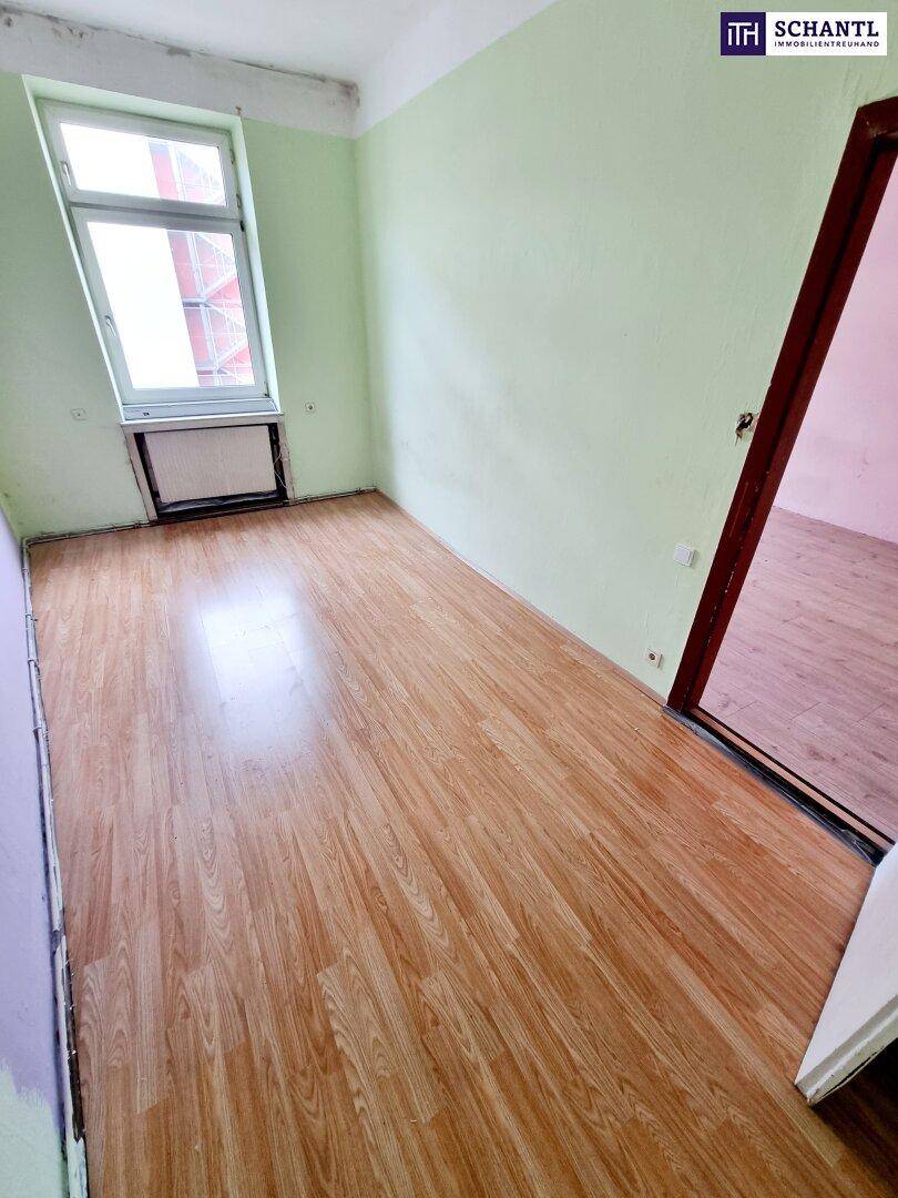 Heller Raum mit Laminatboden und grünen Wänden, ideal für eine individuelle Gestaltung.