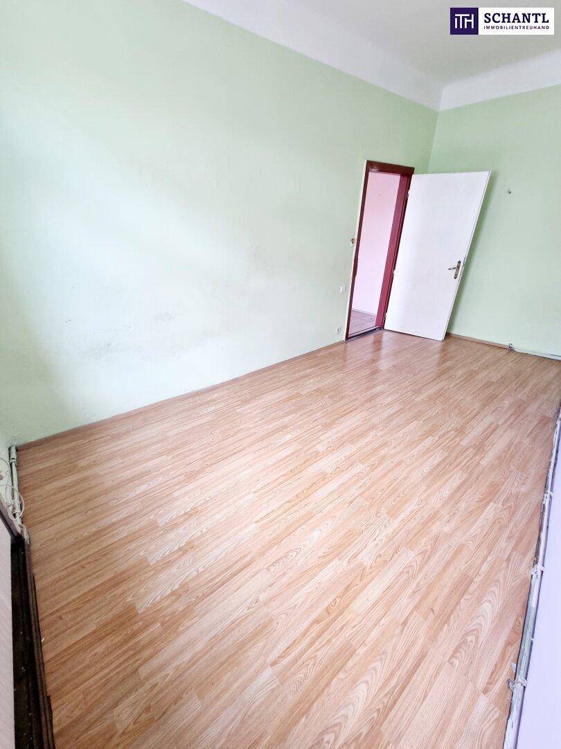 Geräumiger Raum mit Laminatboden und hellgrünen Wänden, bereit zur Renovierung.