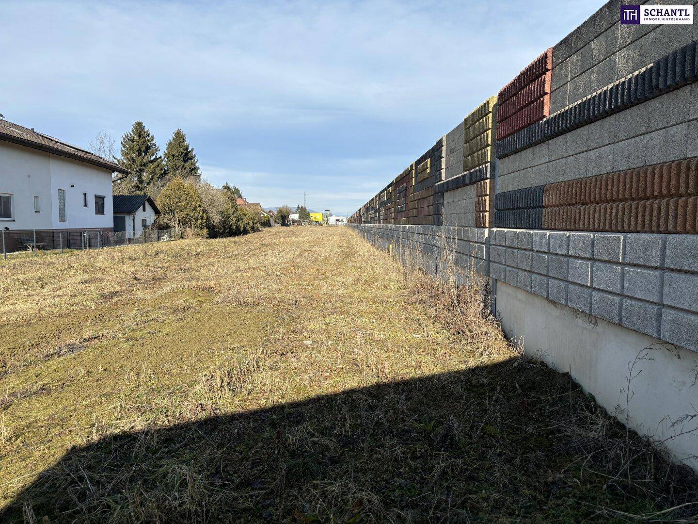 Unbebautes Land neben einer langen Lärmschutzwand, mit Wohnhäusern und Bäumen im Hintergrund bei Sonnenschein.