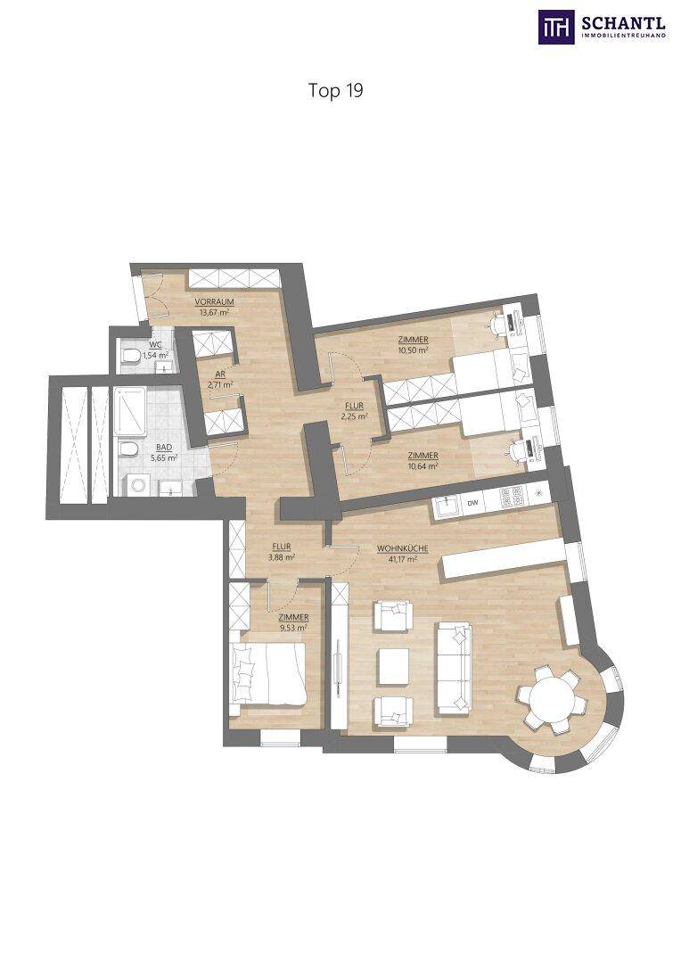Grundriss der Wohnung Top 19 mit offenem Wohn- und Küchenbereich, Bad, separatem WC und Abstellraum.