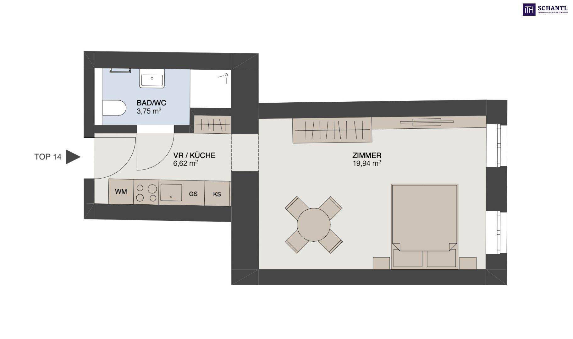 Grundriss der Wohnung Top 14 mit einem Zimmer, Bad und Vorraum/Küche auf 19,94 m².
