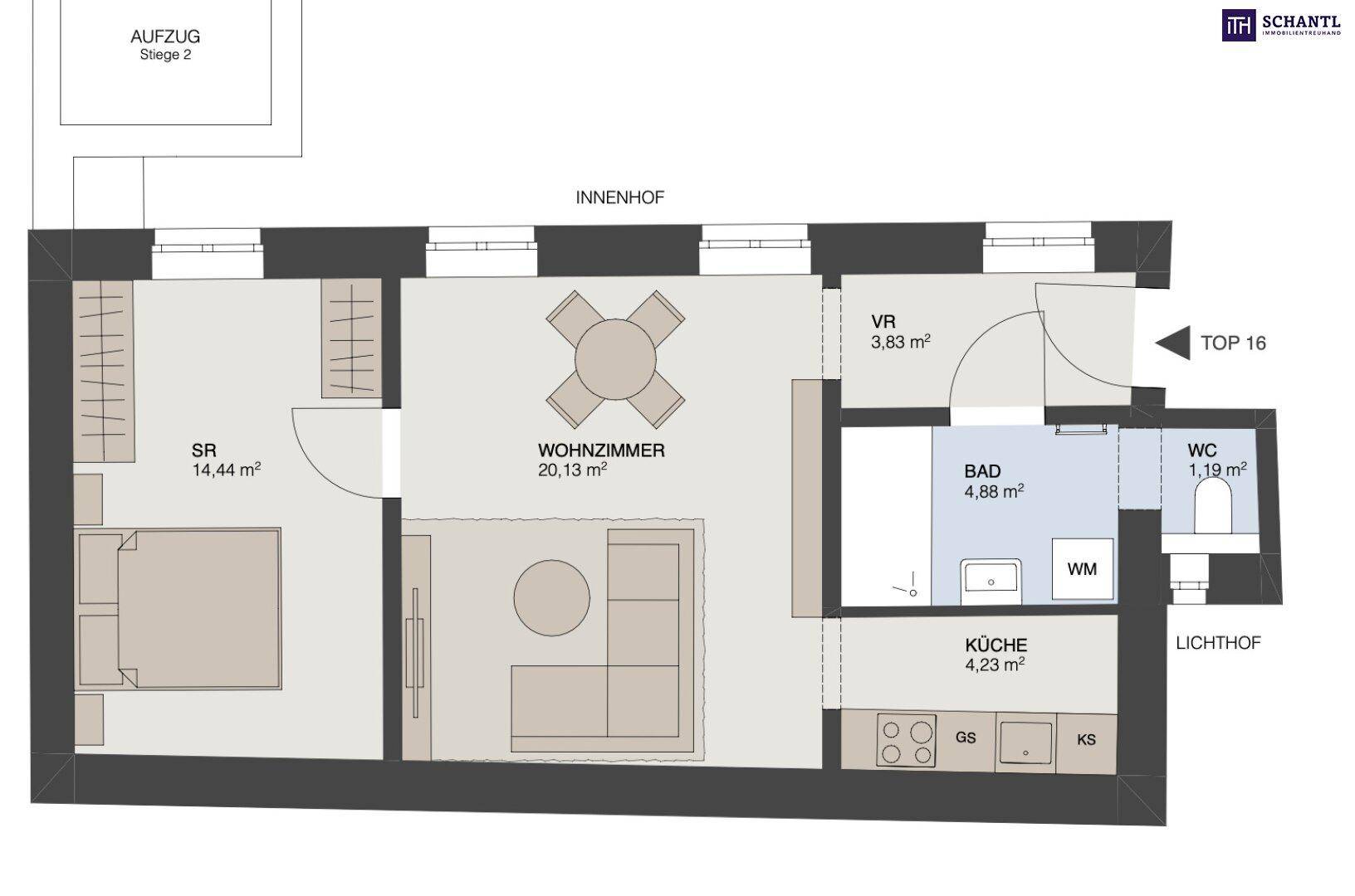 Grundriss einer Wohnung mit offenem Wohnbereich, Schlafzimmer, Küche und separatem WC.