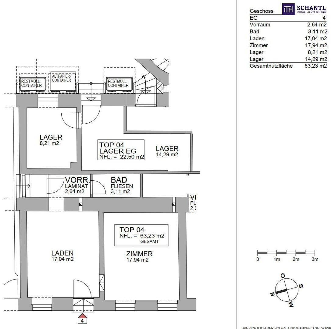 Grundriss für eine Gewerbeeinheit im Erdgeschoss mit Laden, Zimmer und Lagerflächen.