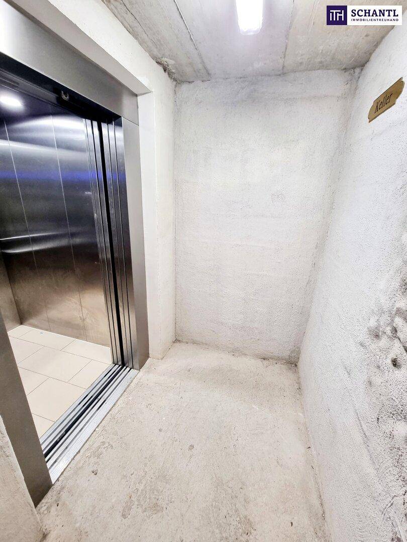 Moderner Aufzug in einem Kellerbereich mit rauen Betonwänden und einfacher Beleuchtung.