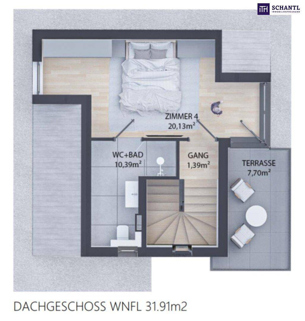 Grundriss des Dachgeschosses von Haus 1 mit Schlafzimmer, Bad und Terrasse.