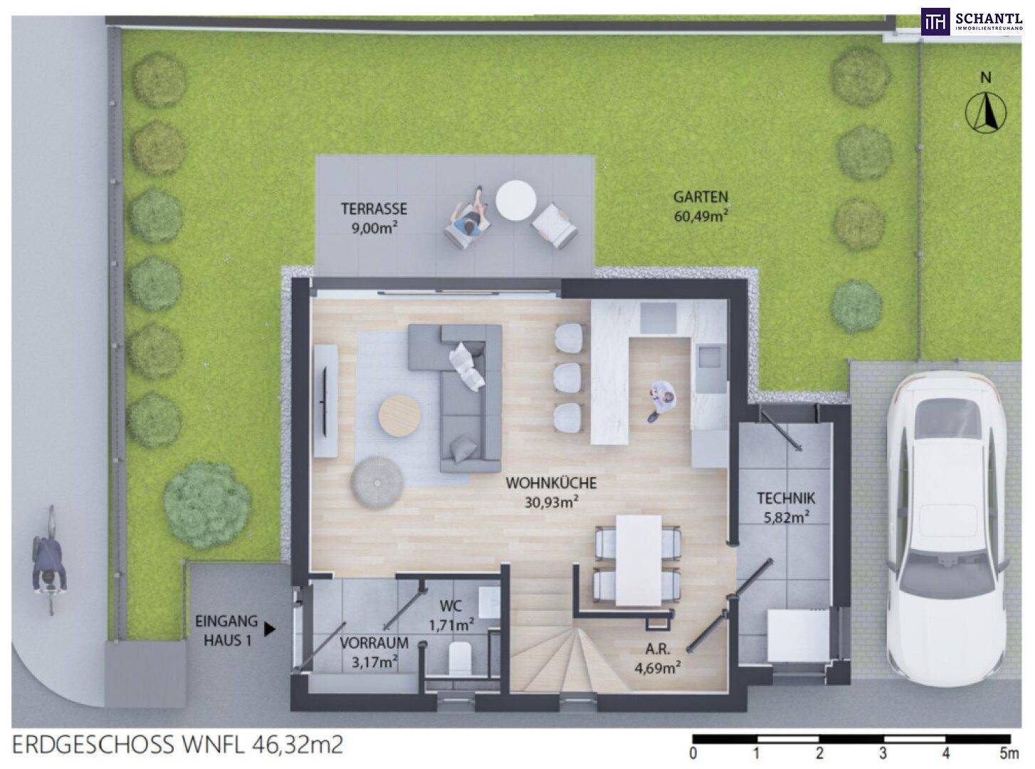 Grundriss des Erdgeschosses von Haus 1 mit Wohnküche, Terrasse und Garten.