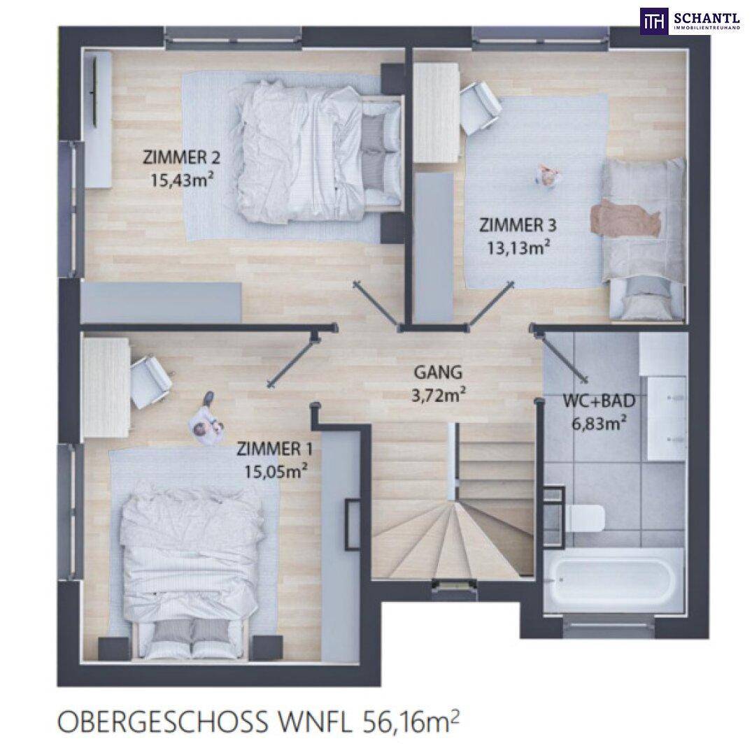 Grundriss des Obergeschosses von Haus 1 mit drei Schlafzimmern und einem Badezimmer.