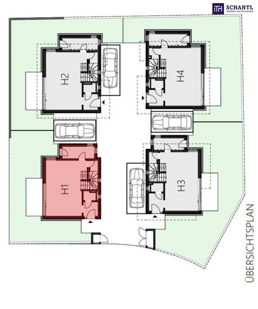Übersichtsplan der vier Reihenhäuser mit Parkplätzen und Gartenbereichen.