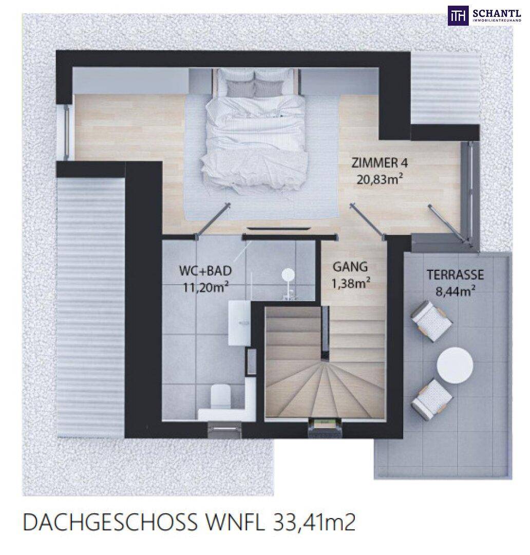 Grundriss des Dachgeschosses mit einem Schlafzimmer, Bad und Dachterrasse.
