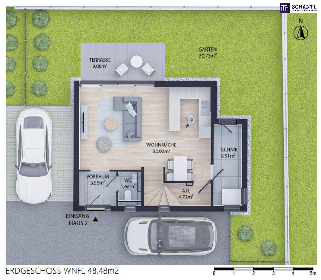 Grundriss des Erdgeschosses mit offener Wohnküche, Terrasse und Garten.