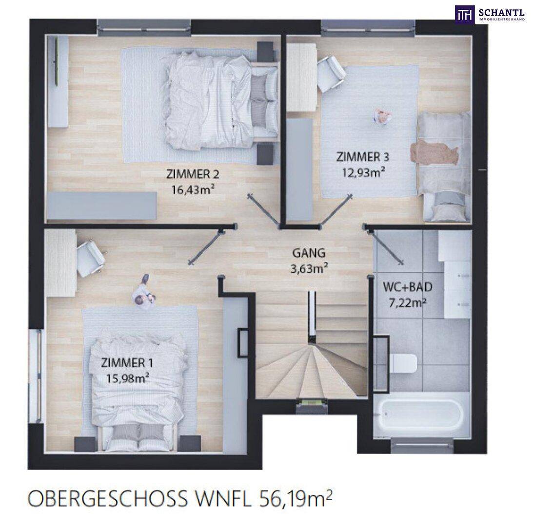 Grundriss des Obergeschosses mit drei Schlafzimmern und einem Badezimmer.