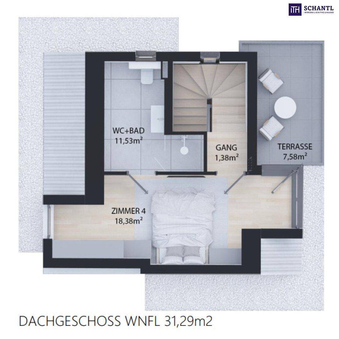 Grundriss des Dachgeschosses mit einem Schlafzimmer, Bad und großer Dachterrasse.