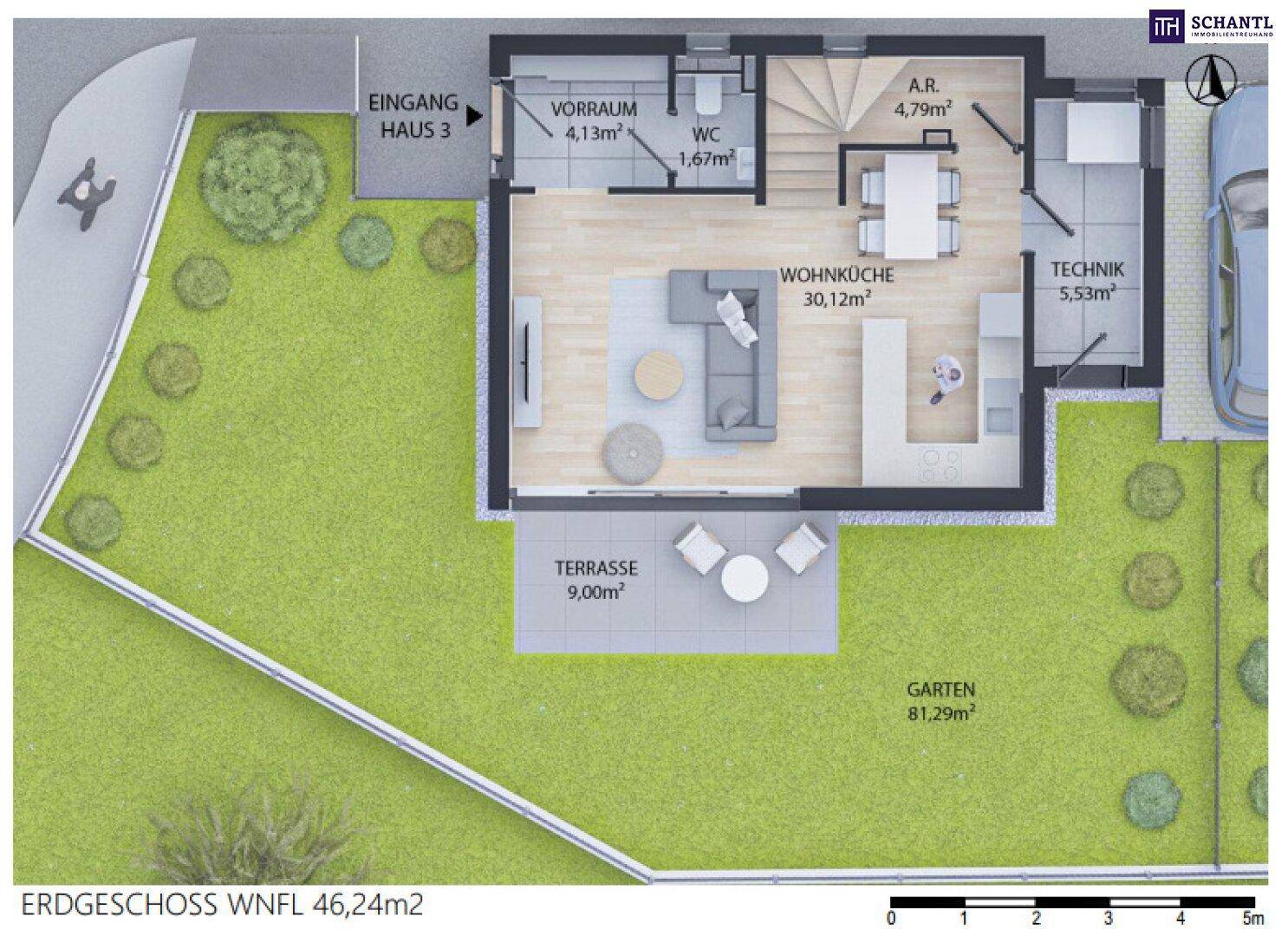Grundriss des Erdgeschosses mit offener Wohnküche, Terrasse und großem Garten.