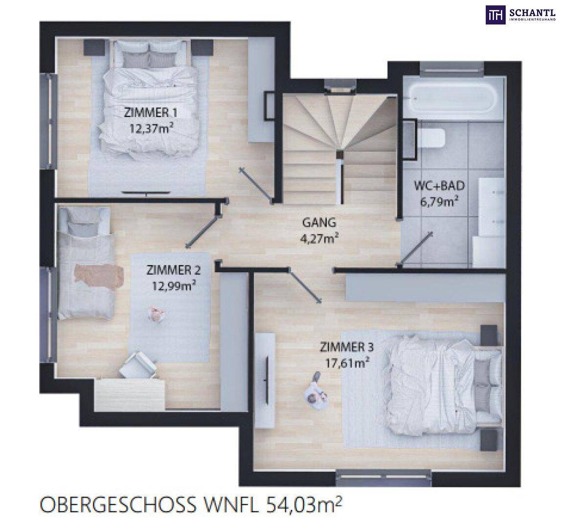 Grundriss des Obergeschosses mit drei Schlafzimmern und einem Badezimmer mit WC.