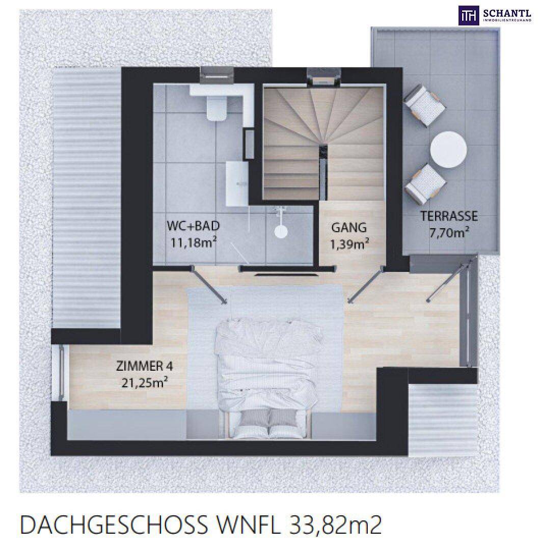Grundriss des Dachgeschosses mit einem Schlafzimmer, Bad und großer Dachterrasse.