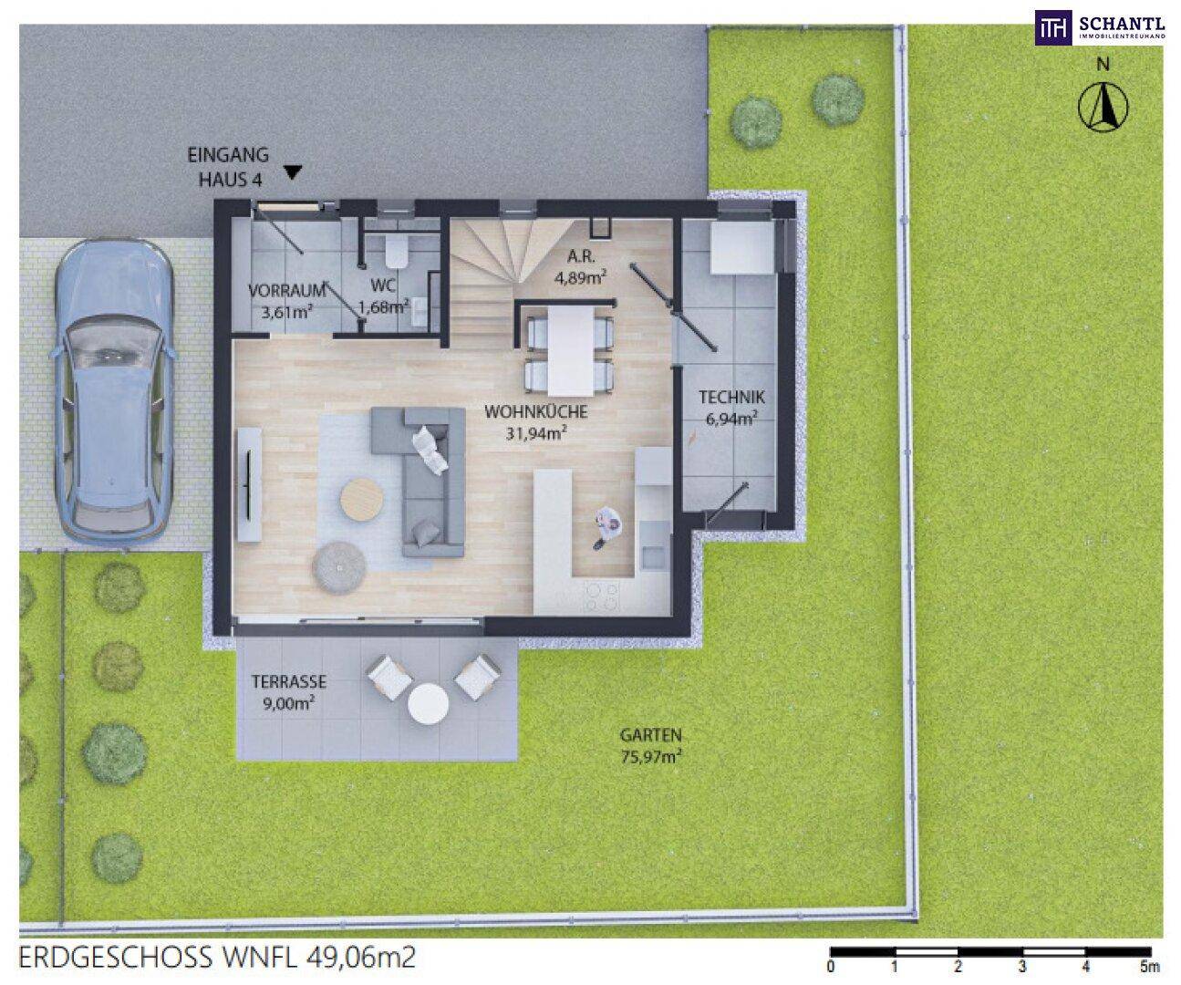Grundriss des Erdgeschosses mit offener Wohnküche, Terrasse und großem Gartenbereich.