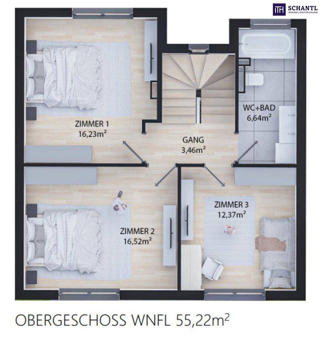 Grundriss des Obergeschosses mit drei Schlafzimmern und einem Badezimmer mit Badewanne.