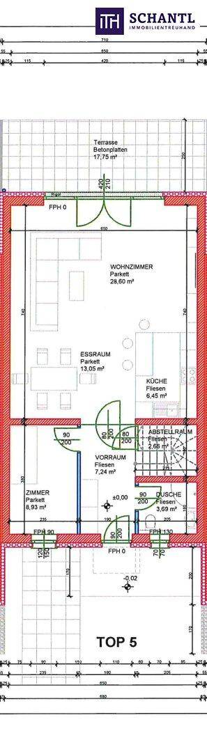 Grundriss des Erdgeschosses von TOP 5 mit offenem Wohnbereich, Küche und Terrasse.