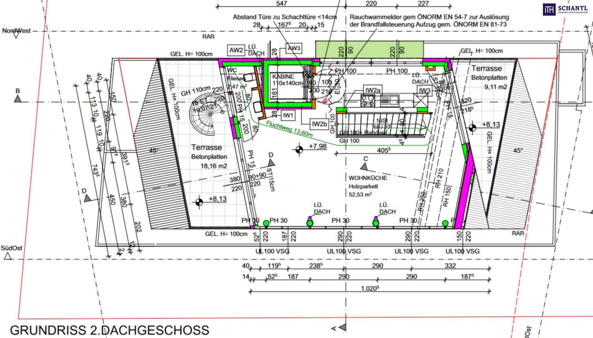 Grundriss des 2. Dachgeschosses mit offener Wohnküche und zwei großzügigen Terrassen.