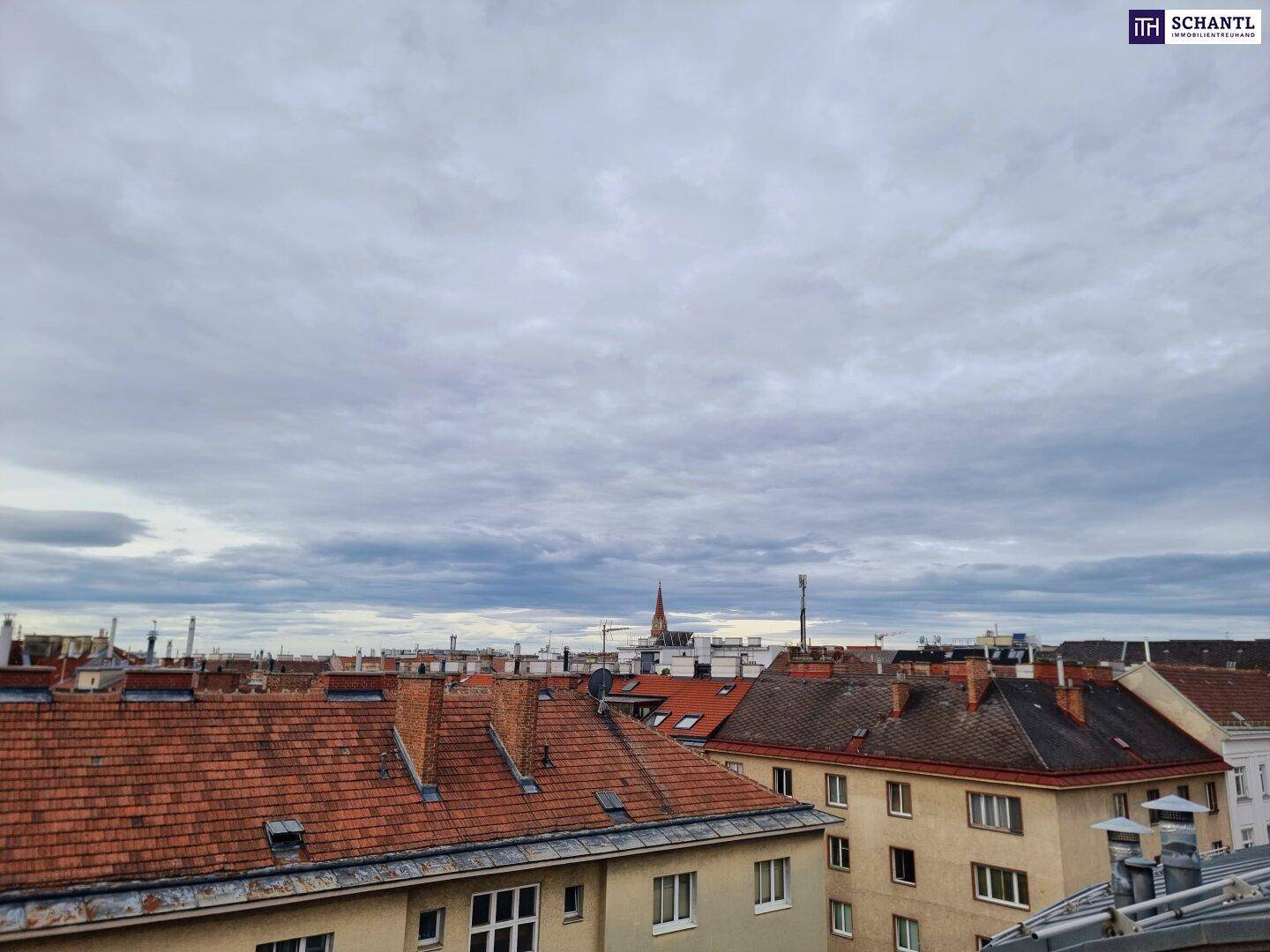 Panoramablick über die roten Dächer der Stadt unter einem bewölkten Himmel.