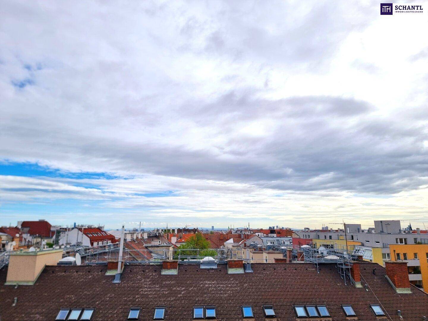 Weitläufiger Blick über die Dächer der Stadt mit vielen Dachfenstern und bewölktem Himmel.