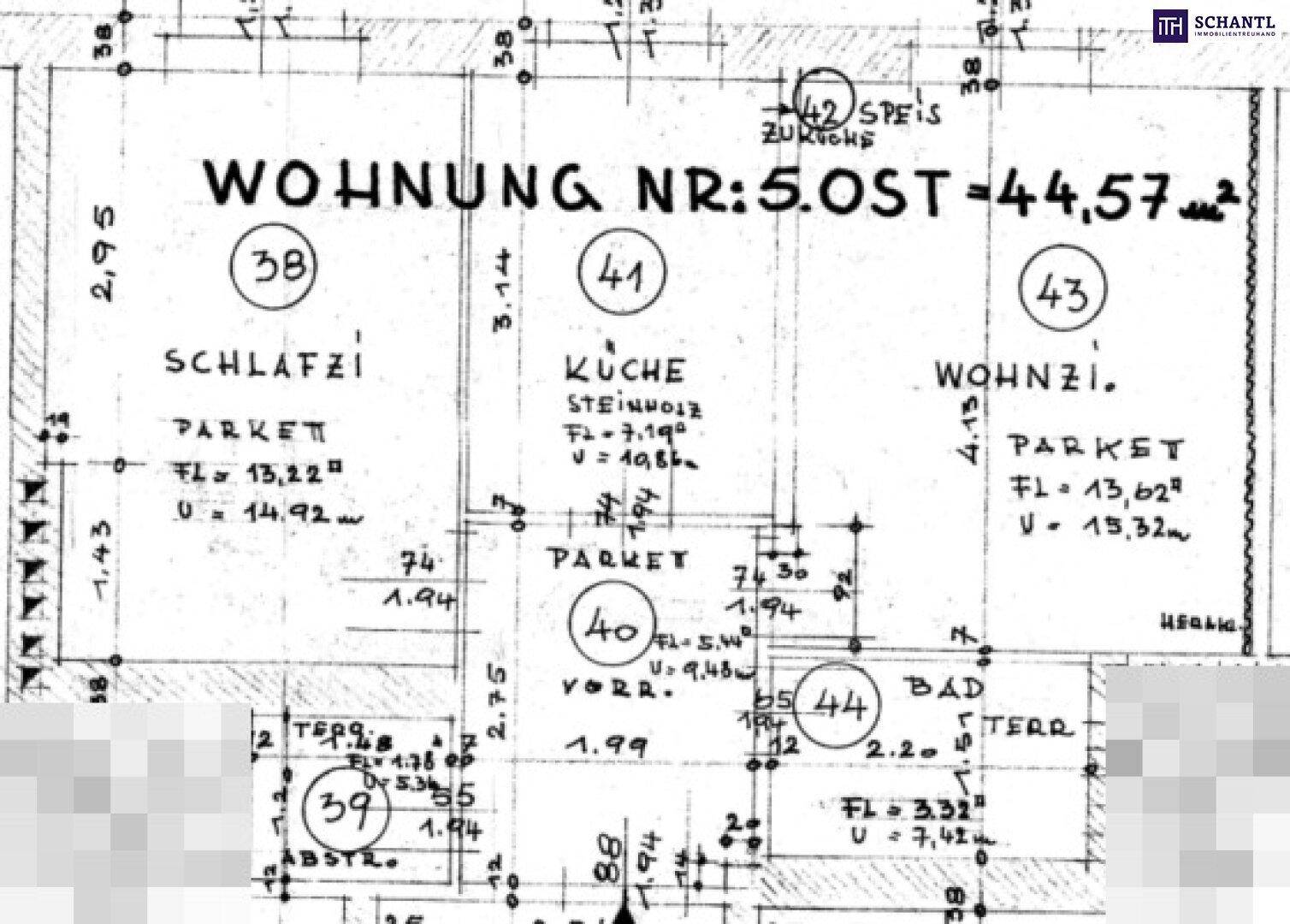Grundriss der Wohnung Nr. 5 Ost mit 44,57 m² Wohnfläche und Raumaufteilung.