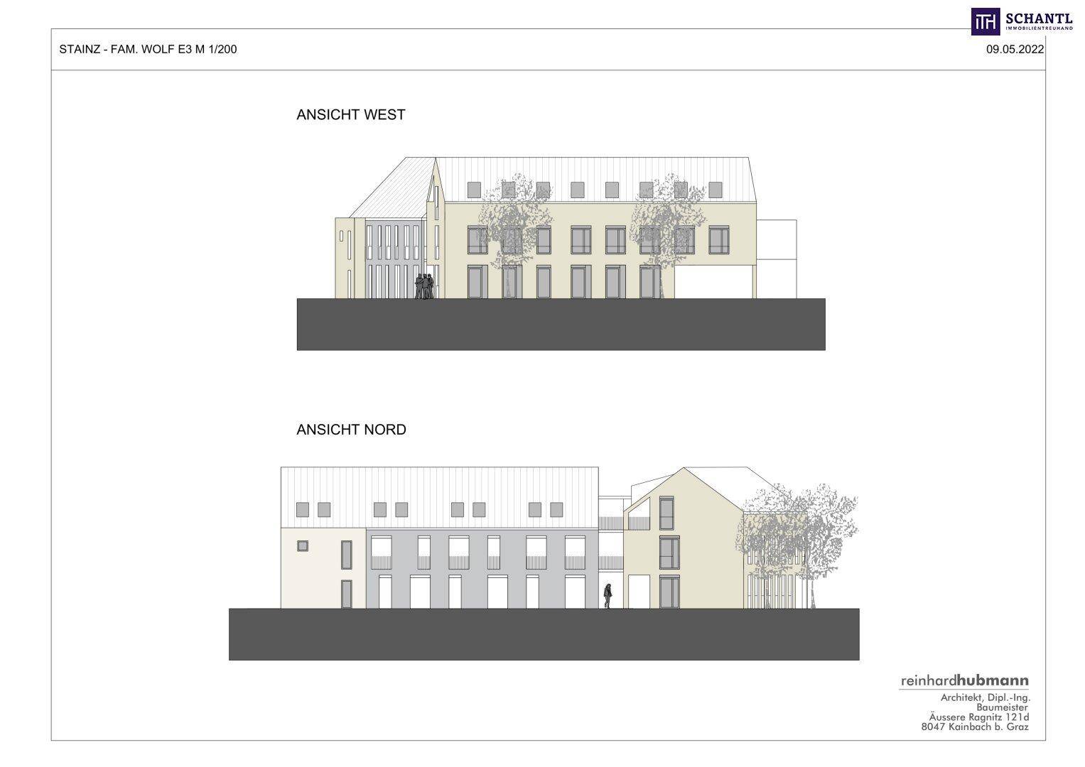 Ansichten West und Nord des Gebäudes mit moderner Architektur und Fensterfronten.