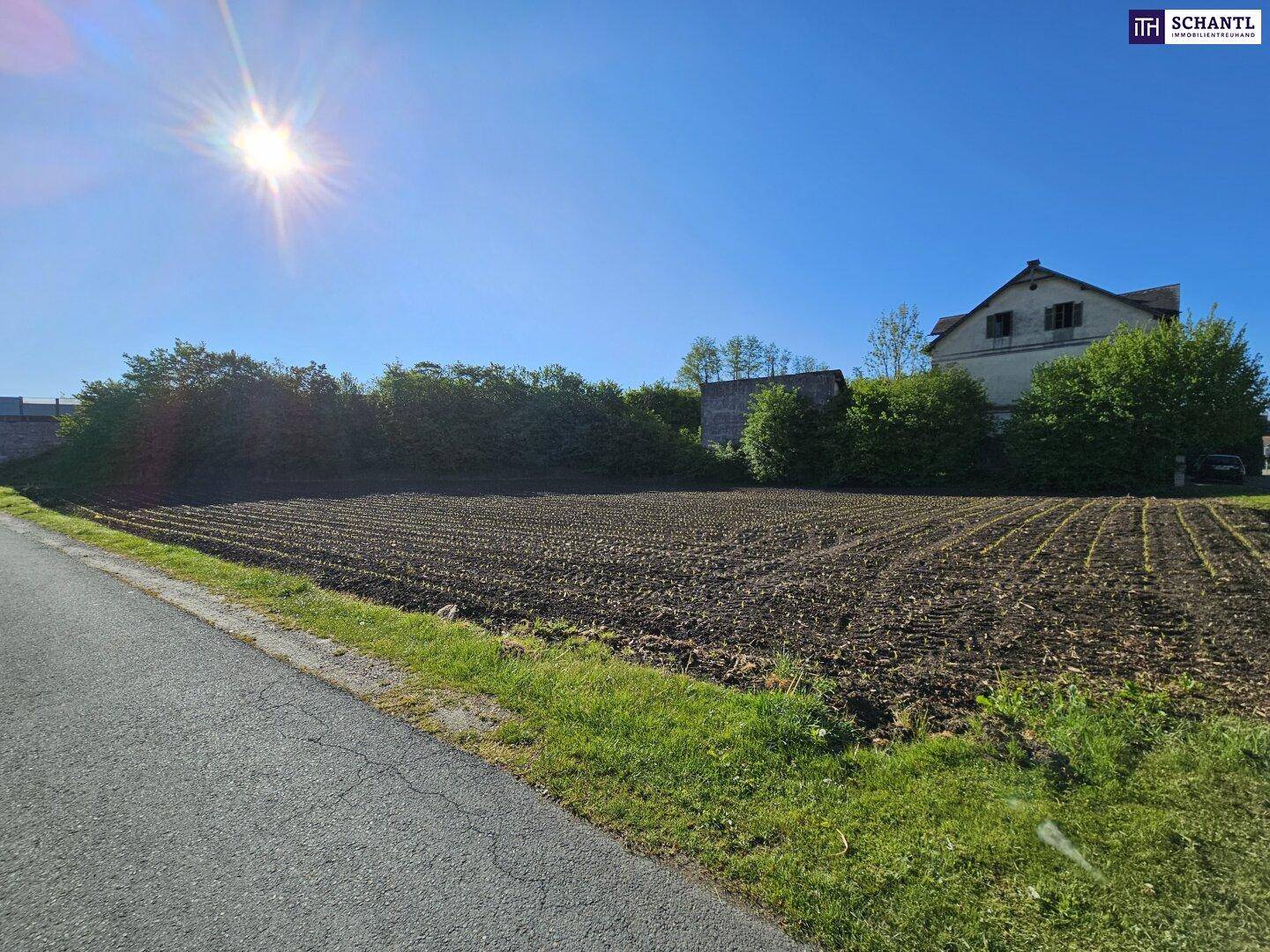Weitläufiges Ackerland mit einem traditionellen Gebäude und üppigem Grün im Hintergrund.