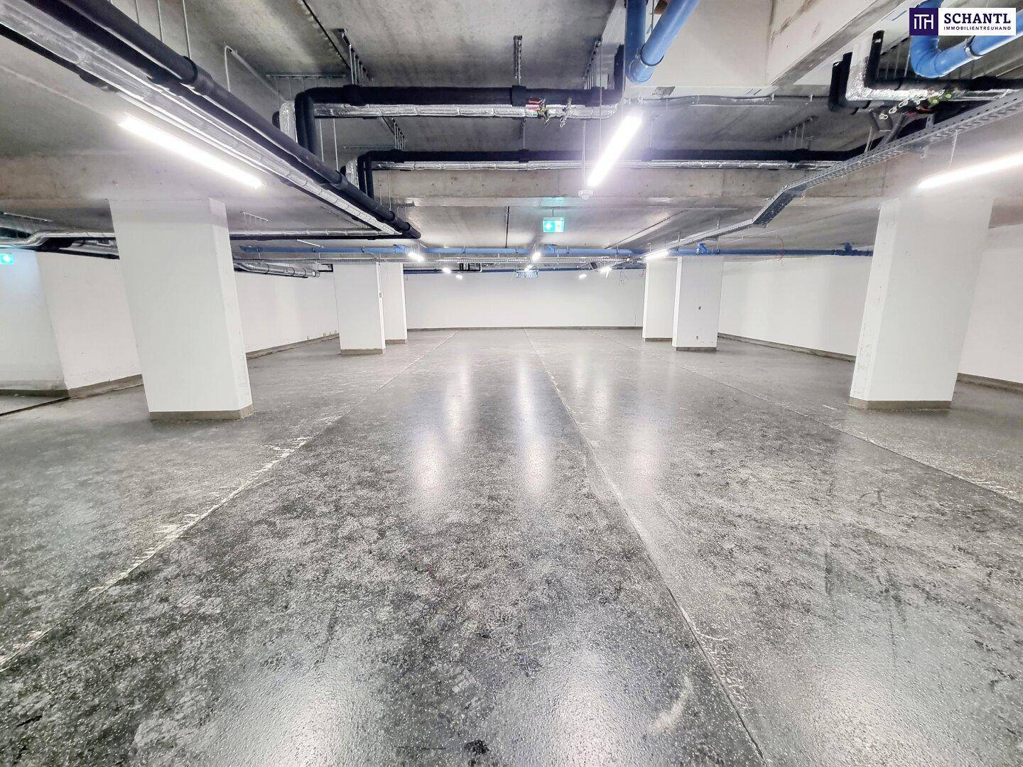 Geräumige Tiefgarage mit Betonboden und sichtbaren Installationen an der Decke.