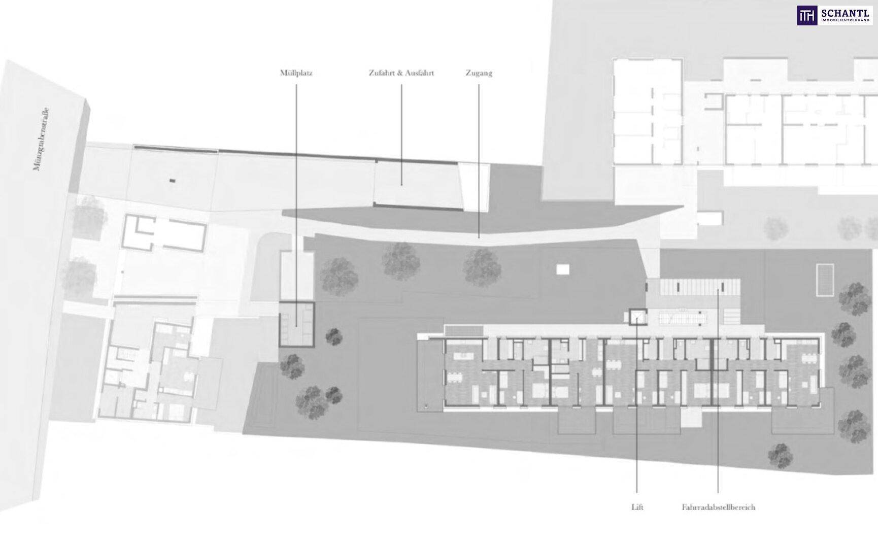Gesamtübersichtsplan des Gebäudekomplexes mit Zufahrten, Zugängen und Fahrradabstellbereich.