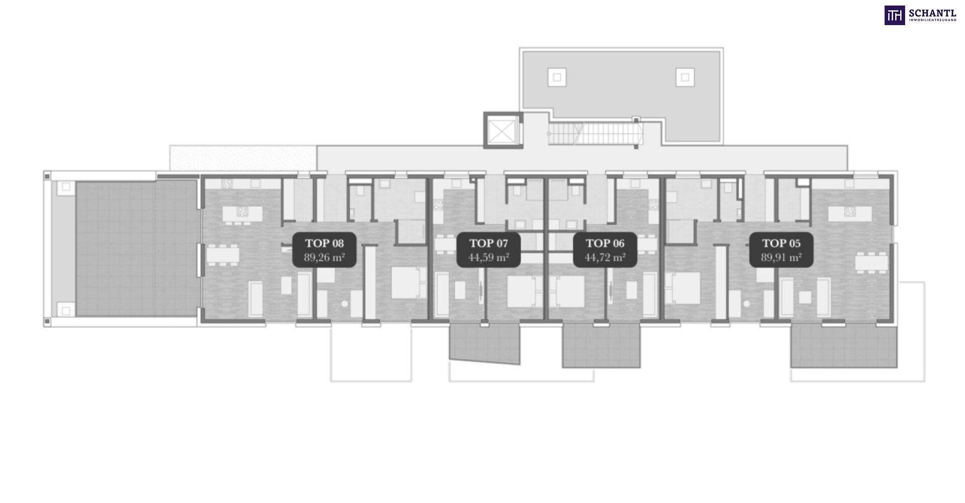 Grundriss einer Etage mit mehreren Wohnungen und deren individuellen Aufteilungen.