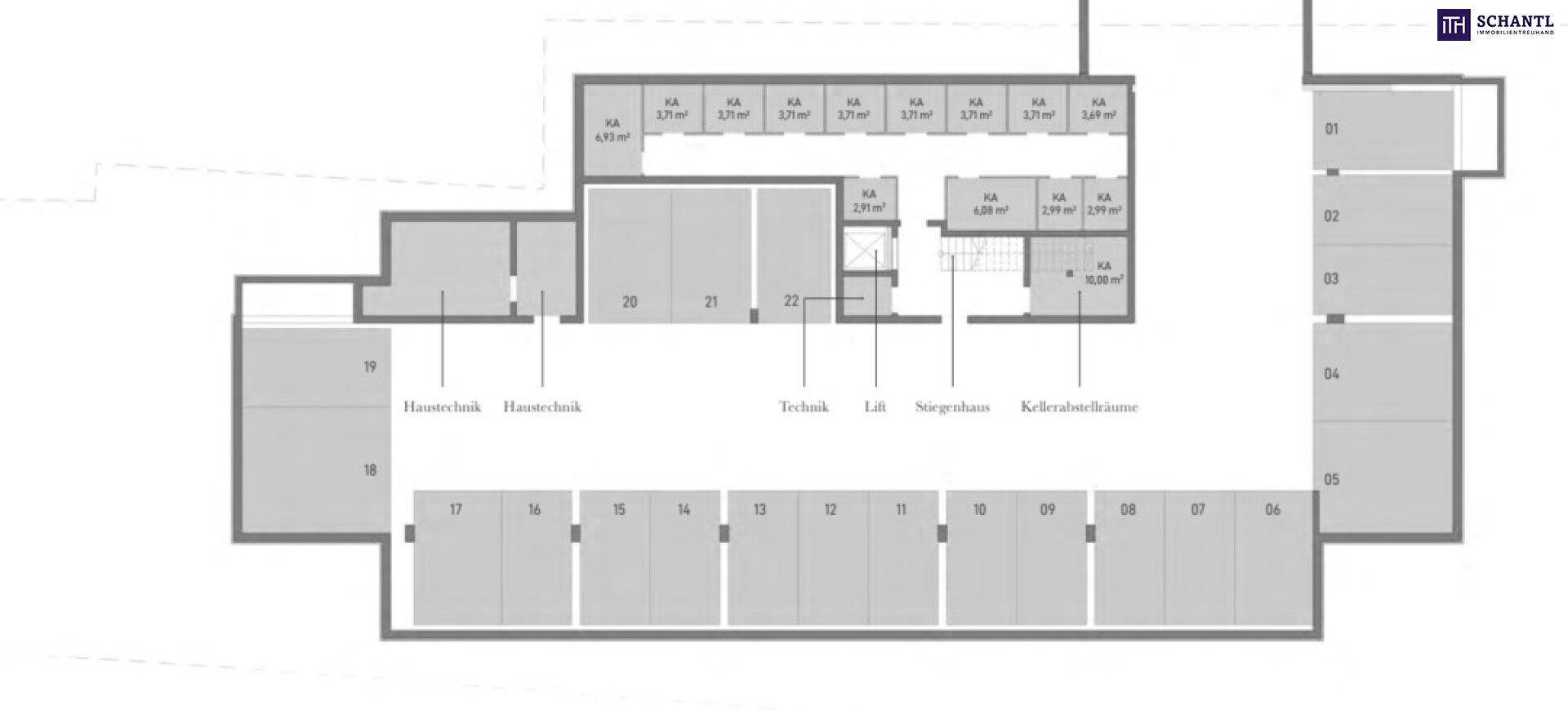 Grundriss des Kellergeschosses mit Technikräumen, Abstellräumen und Kellerabteilen.