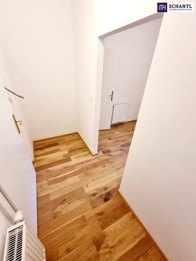 Heller Flur mit Holzplankenboden und Heizkörper, der den Zugang zu weiteren Wohnbereichen ermöglicht.