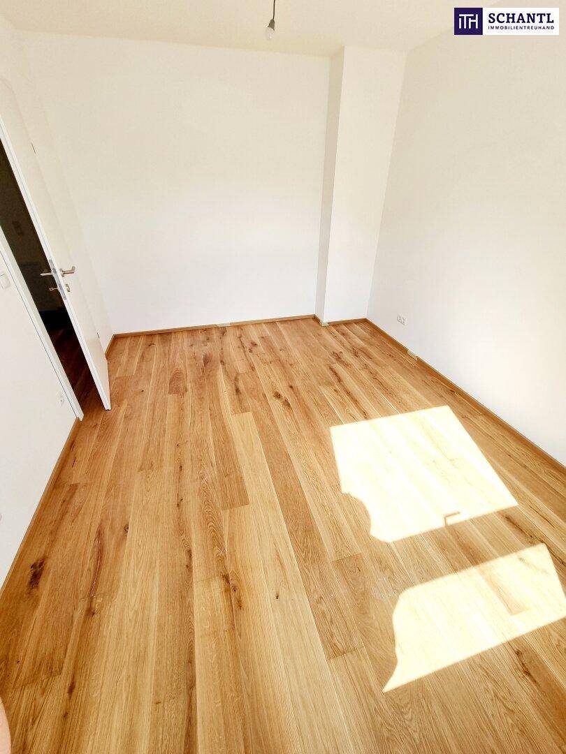 Leerer Raum mit hellem Holzboden und weißen Wänden, durchflutet von Sonnenlicht.
