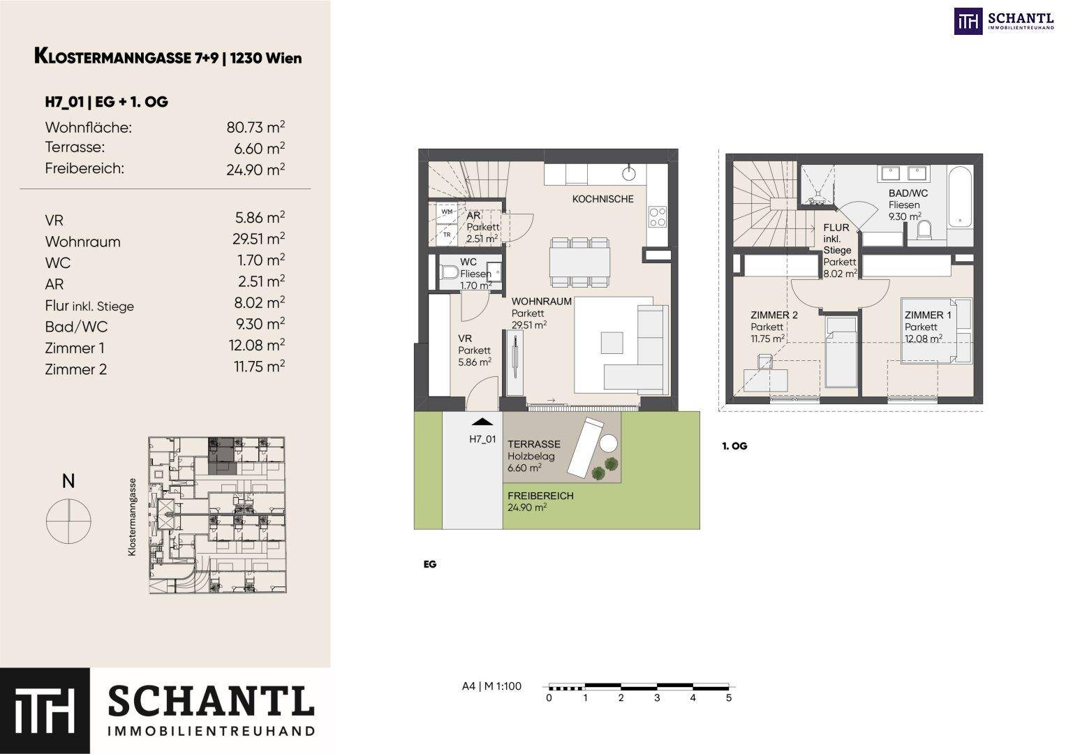 Detaillierter Grundriss der Wohnung H7_01 über zwei Etagen mit Terrasse und Gartenanteil.
