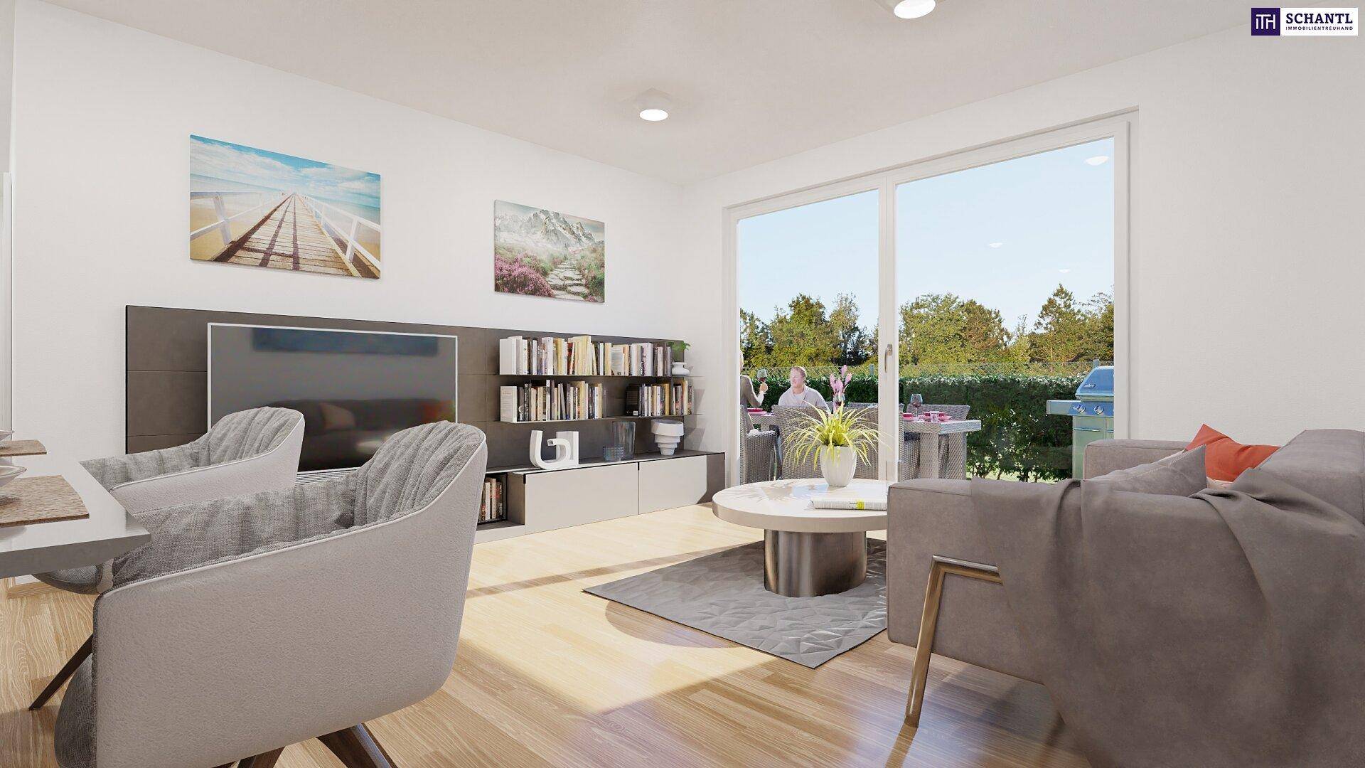 Helles Wohnzimmer mit modernem Design, Holzboden und Zugang zur Terrasse mit Grünblick.