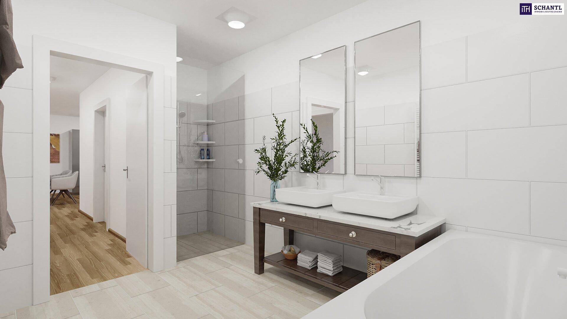 Modernes Badezimmer mit Doppelwaschbecken, begehbarer Dusche und hellen Fliesen.