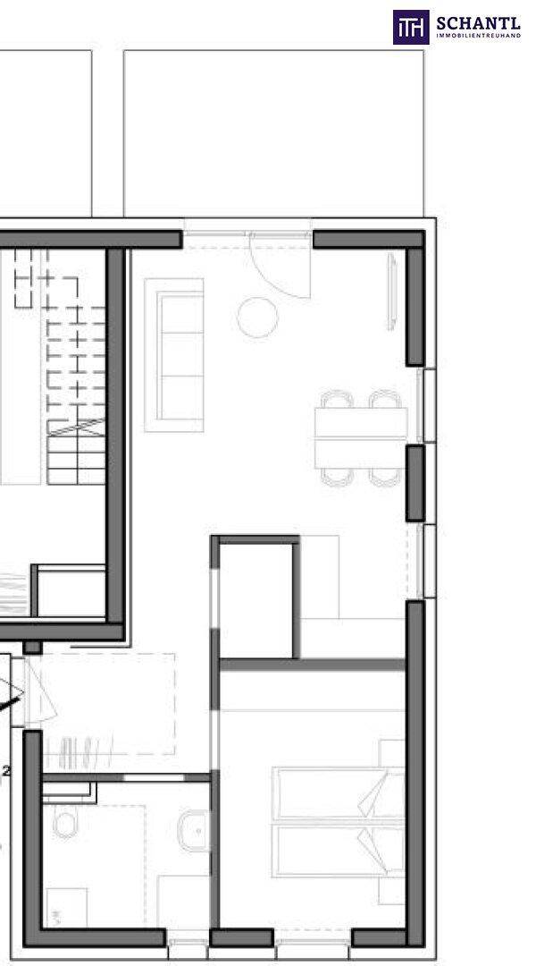 Grundriss mit offenem Wohnbereich, Schlafzimmer und Zugang zu zwei Außenbereichen.