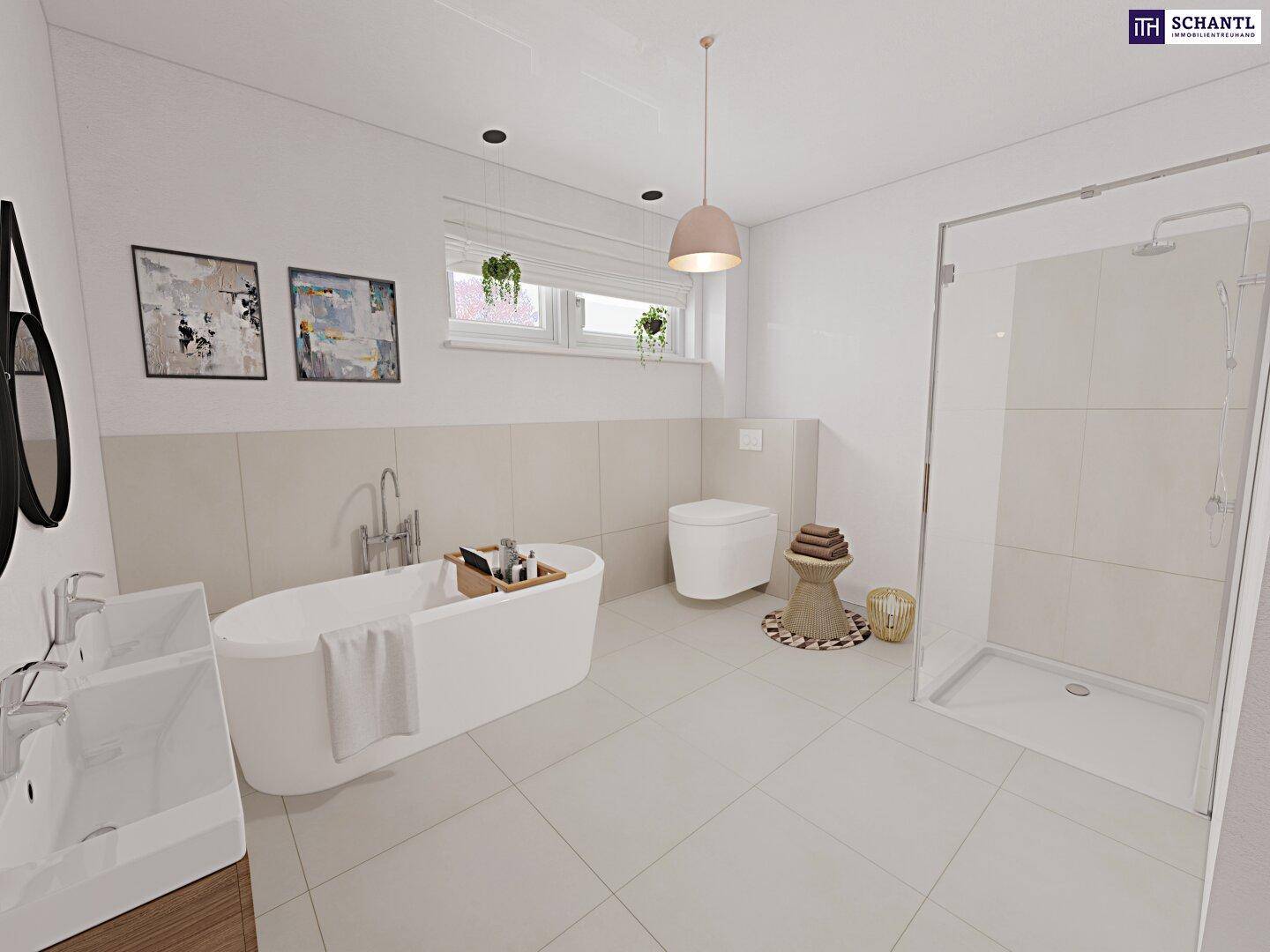 Modernes Badezimmer mit freistehender Badewanne, begehbarer Dusche und Doppelwaschbecken.